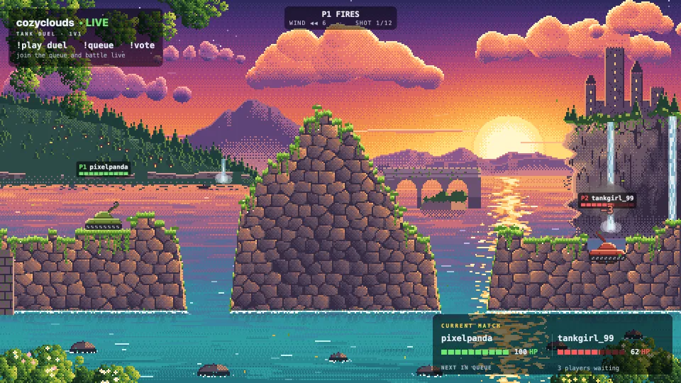 Tank Duel on stream: two tanks trade shells across islands at sunset, chat votes an air-strike twist and it lands on tankgirl_99.