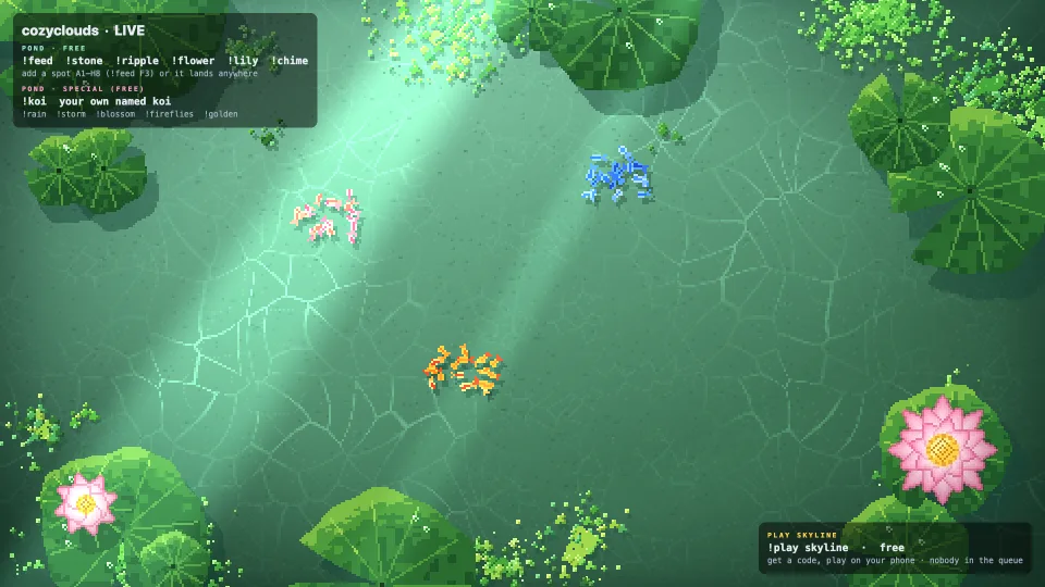 Zen Pond on stream: lily pads, flowers and stones appear where chat commands land, then Bits-triggered rain and fireflies roll in.