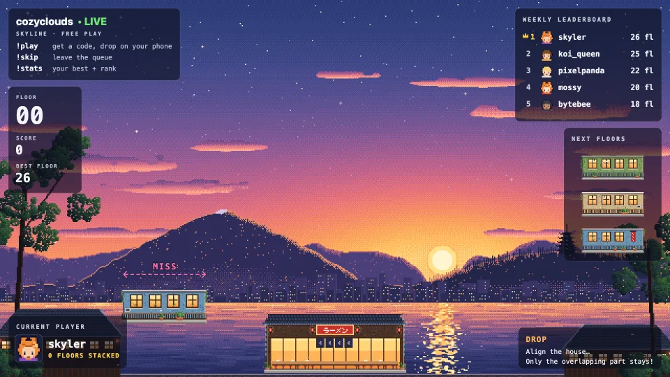 Skyline on stream: one viewer stacks a tower at sunset, then the screen splits into two, three and four towers as more viewers join.